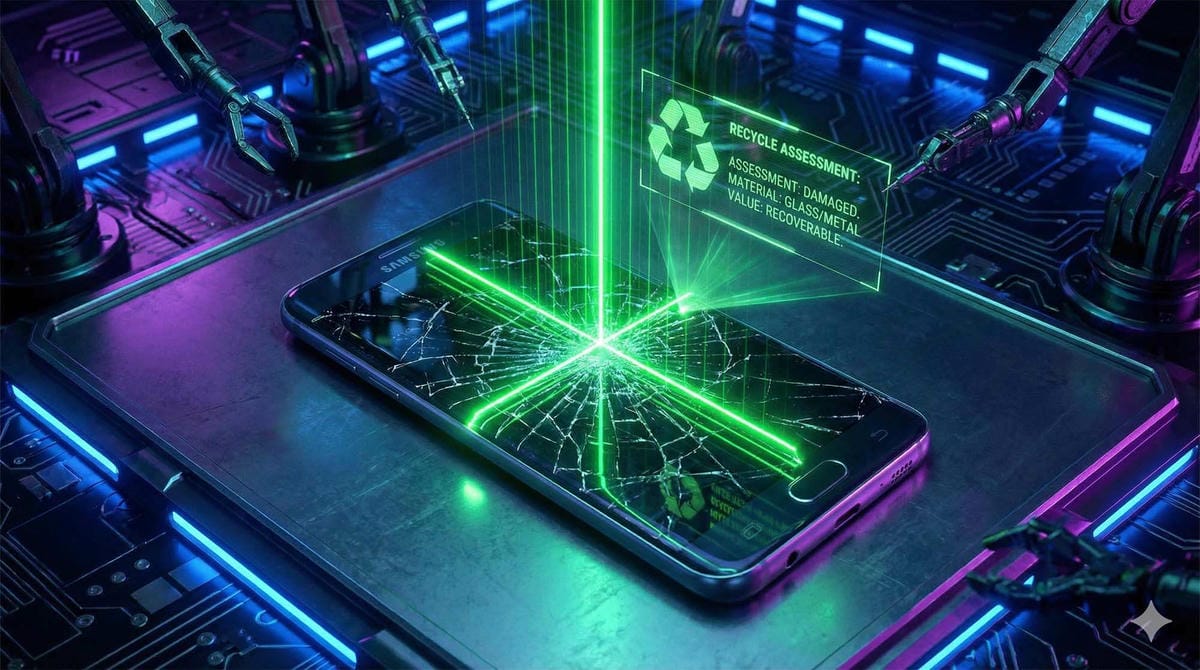 綠色雷射光掃描螢幕破裂的三星手機示意圖，象徵回收檢測 / Illustration of a Samsung phone with a cracked screen being scanned by a green laser light, symbolizing recycling assessment.